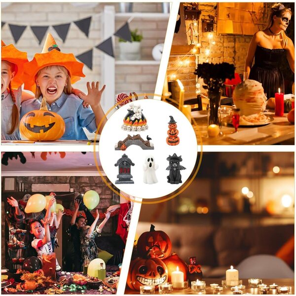 Set mit 6 Miniatur-Spukhausstatuen aus Kunstharz für Halloween- und Partydekorationen