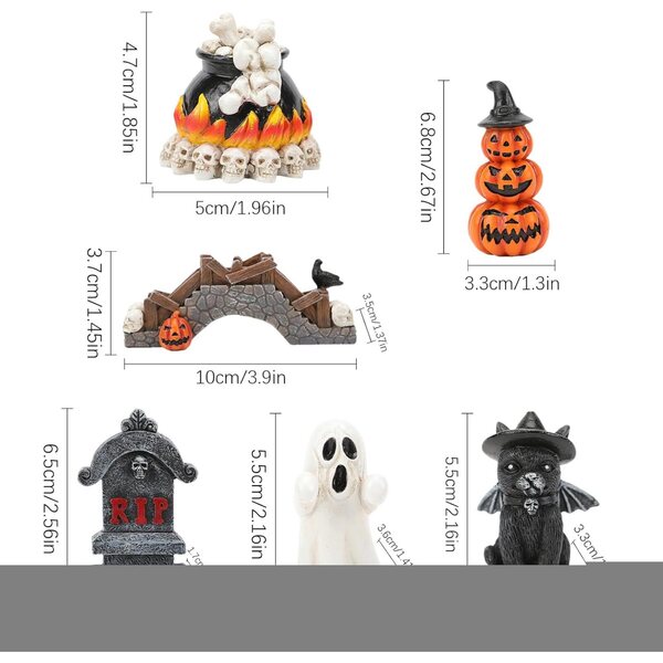 Set mit 6 Miniatur-Spukhausstatuen aus Kunstharz für Halloween- und Partydekorationen