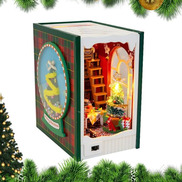 Book Nook Decorativo Natalizio con LED, Miniatura in Legno per Libreria 13,5x9x15 cm