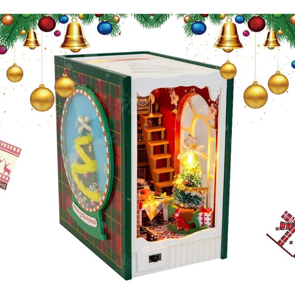 Book Nook Decorativo Natalizio con LED, Miniatura in Legno per Libreria 13,5x9x15 cm