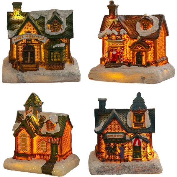 Village di Case di Natale Illuminato | Set 4 Decorazioni da Interno in Resina