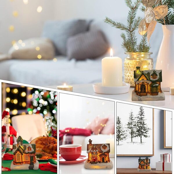 Village di Case di Natale Illuminato | Set 4 Decorazioni da Interno in Resina