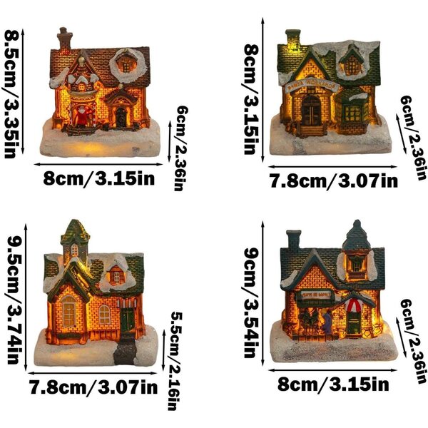 Village di Case di Natale Illuminato | Set 4 Decorazioni da Interno in Resina
