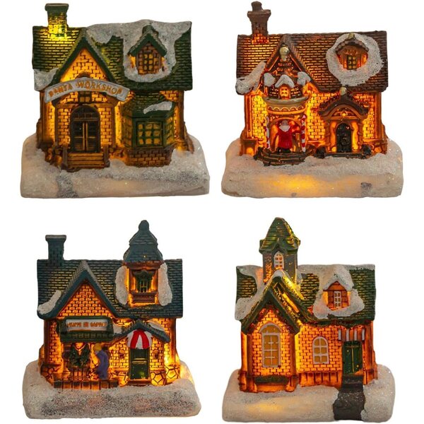 Village di Case di Natale Illuminato | Set 4 Decorazioni da Interno in Resina