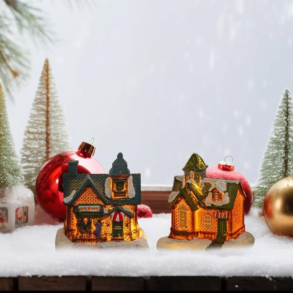 Village di Case di Natale Illuminato | Set 4 Decorazioni da Interno in Resina