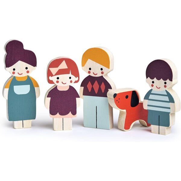 Mentari Familie aus Holzpuppen mit Hund – Puppenset für das Puppenhaus