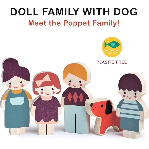 Mentari Familie aus Holzpuppen mit Hund – Puppenset für das Puppenhaus