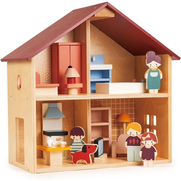 Mentari Familie aus Holzpuppen mit Hund – Puppenset für das Puppenhaus