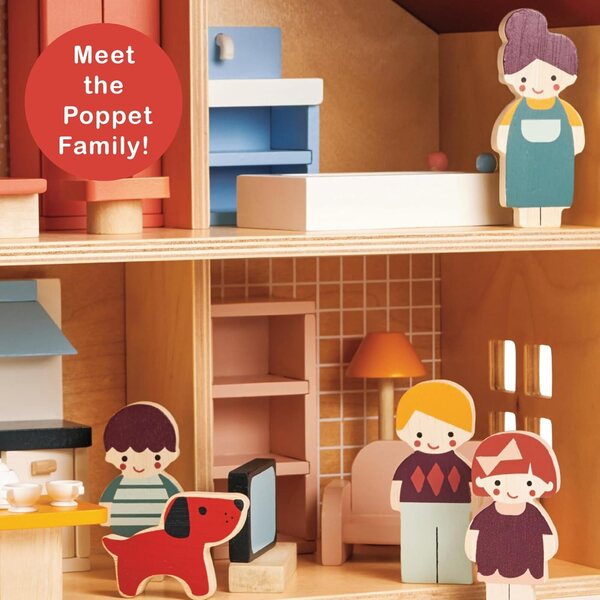 Mentari Familie aus Holzpuppen mit Hund – Puppenset für das Puppenhaus