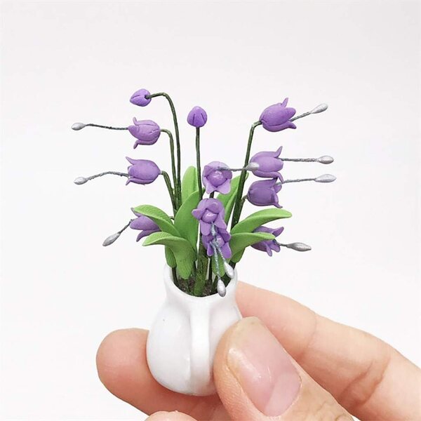 Mini Casa delle Bambole Momola con Pianta Verde Rosa in Vaso Viola - Accessorio Giardino Fata