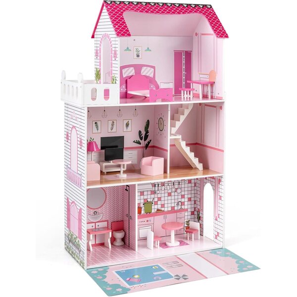 Grande casa delle bambole in legno a 3 piani con mobili dettagliati e decorazioni rosa
