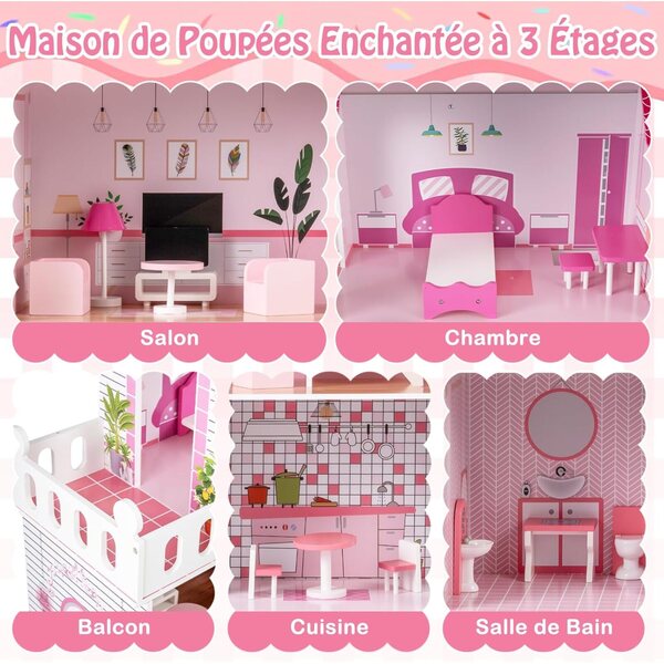 Grande casa delle bambole in legno a 3 piani con mobili dettagliati e decorazioni rosa