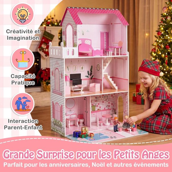 Grande casa delle bambole in legno a 3 piani con mobili dettagliati e decorazioni rosa