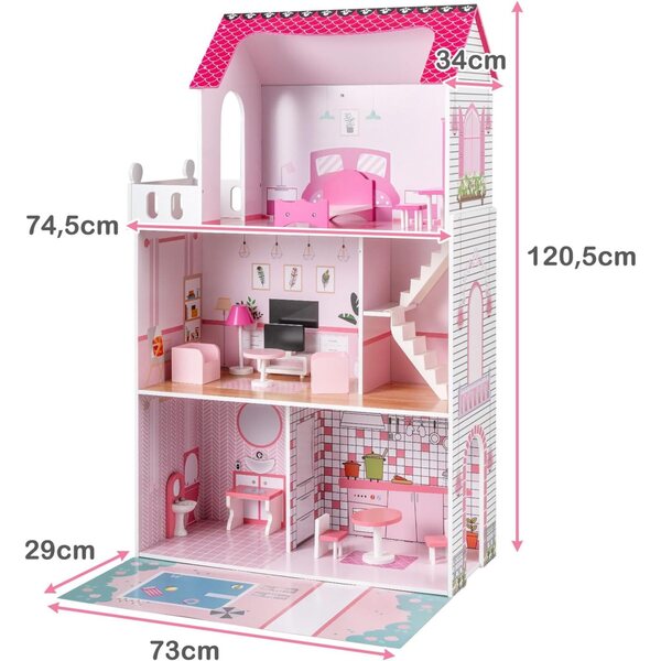 Grande casa delle bambole in legno a 3 piani con mobili dettagliati e decorazioni rosa