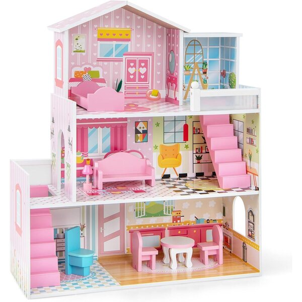 DREAMADE 3-stöckiges Puppenhaus aus Holz mit 5 Zimmern und 10 Möbeln, Geschenk für Kinder von 3–7 Jahren
