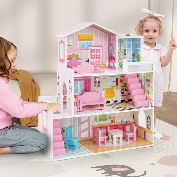DREAMADE 3-stöckiges Puppenhaus aus Holz mit 5 Zimmern und 10 Möbeln, Geschenk für Kinder von 3–7 Jahren