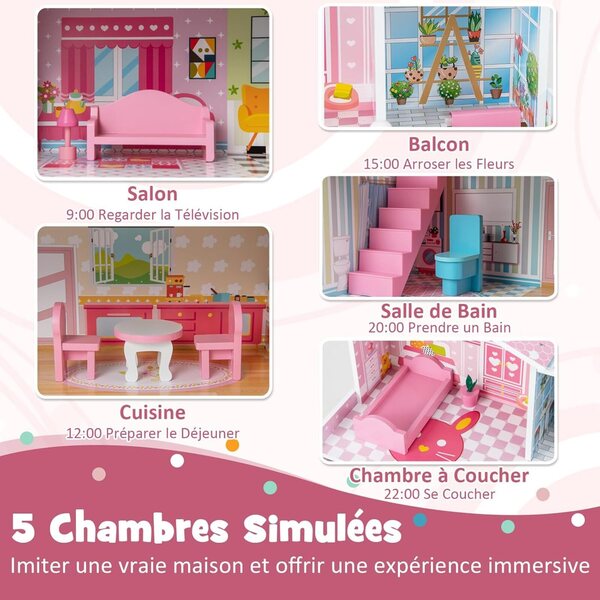 DREAMADE 3-stöckiges Puppenhaus aus Holz mit 5 Zimmern und 10 Möbeln, Geschenk für Kinder von 3–7 Jahren
