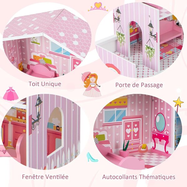 DREAMADE 3-stöckiges Puppenhaus aus Holz mit 5 Zimmern und 10 Möbeln, Geschenk für Kinder von 3–7 Jahren