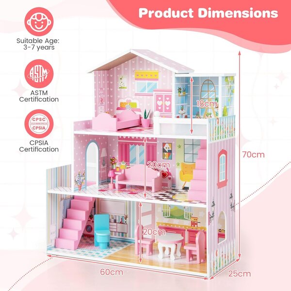 DREAMADE 3-stöckiges Puppenhaus aus Holz mit 5 Zimmern und 10 Möbeln, Geschenk für Kinder von 3–7 Jahren