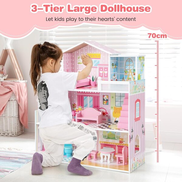 DREAMADE 3-stöckiges Puppenhaus aus Holz mit 5 Zimmern und 10 Möbeln, Geschenk für Kinder von 3–7 Jahren