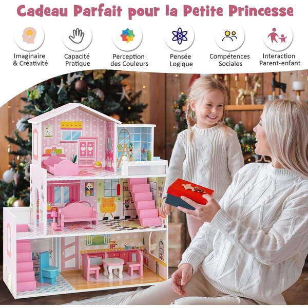 DREAMADE 3-stöckiges Puppenhaus aus Holz mit 5 Zimmern und 10 Möbeln, Geschenk für Kinder von 3–7 Jahren
