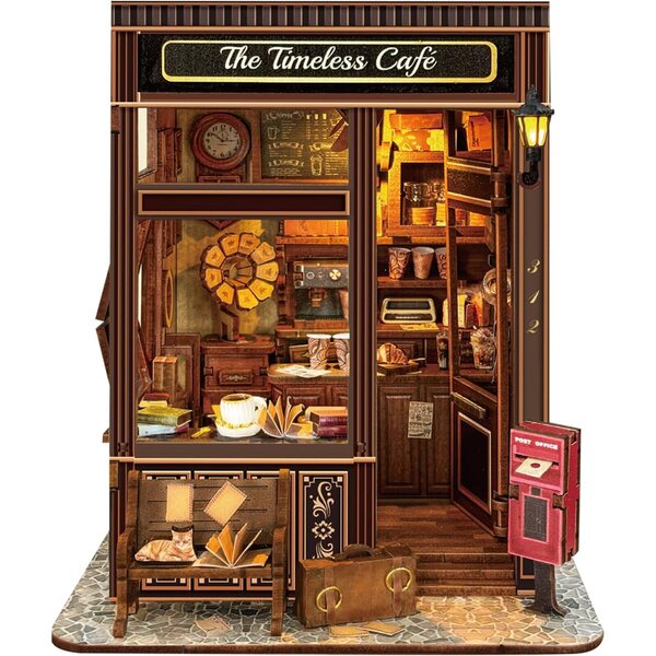 Das Timeless Cafe Book Nook Miniatur-Set mit LED-Lichtern und Vintage-3D-Puzzle