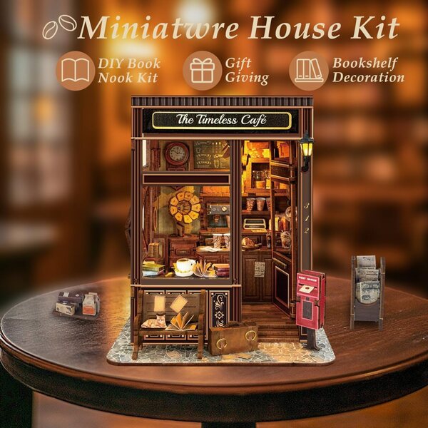 Das Timeless Cafe Book Nook Miniatur-Set mit LED-Lichtern und Vintage-3D-Puzzle