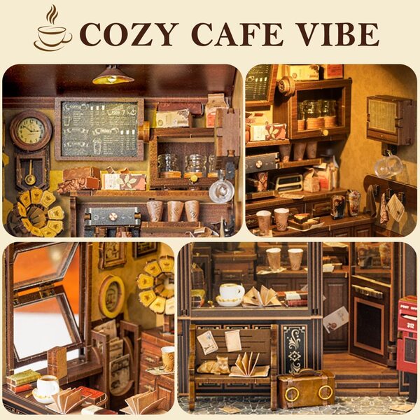 Das Timeless Cafe Book Nook Miniatur-Set mit LED-Lichtern und Vintage-3D-Puzzle