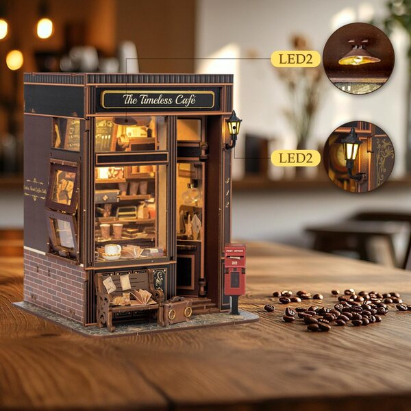 Das Timeless Cafe Book Nook Miniatur-Set mit LED-Lichtern und Vintage-3D-Puzzle
