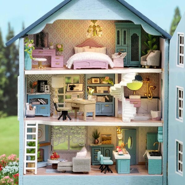 TuKIIE Kit Casa delle Bambole Miniatura DIY 1:32 con Mobili e Luci LED