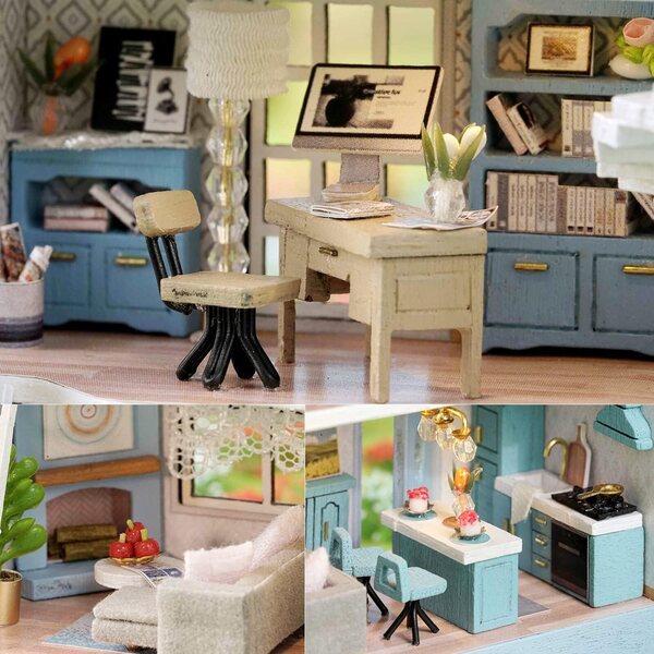 TuKIIE Kit Casa delle Bambole Miniatura DIY 1:32 con Mobili e Luci LED