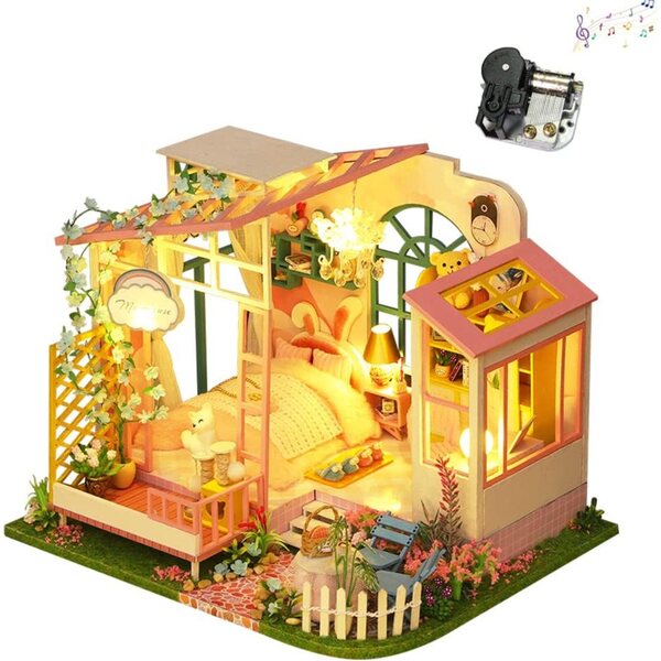 Kit fai da te per casa delle bambole in legno in miniatura, camera e decorazione con mobili e LED