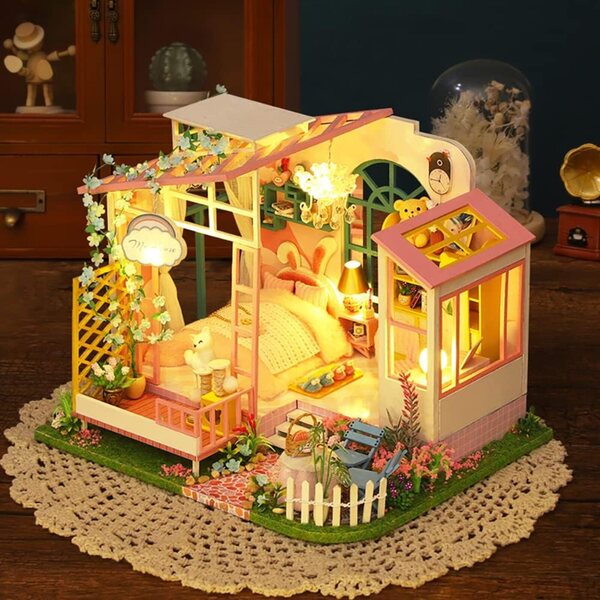 Kit fai da te per casa delle bambole in legno in miniatura, camera e decorazione con mobili e LED