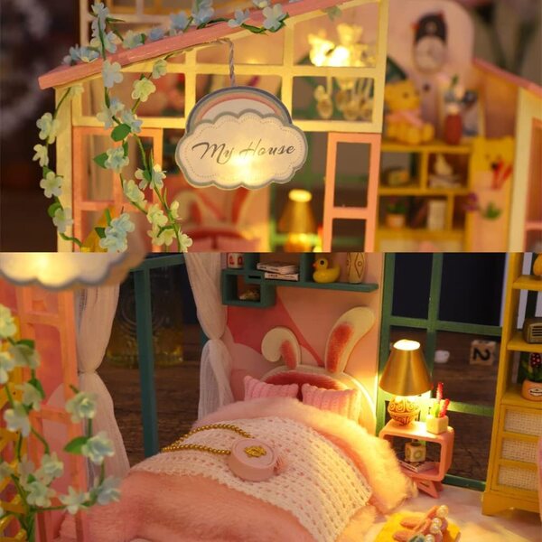 Kit fai da te per casa delle bambole in legno in miniatura, camera e decorazione con mobili e LED