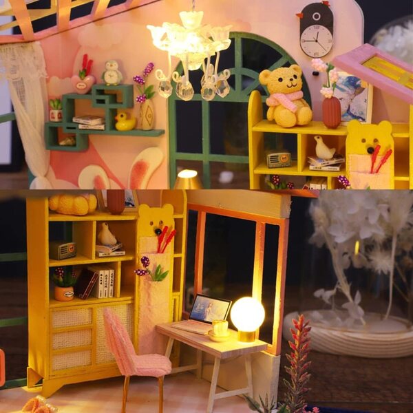 Kit fai da te per casa delle bambole in legno in miniatura, camera e decorazione con mobili e LED