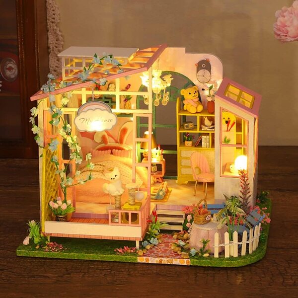 Kit fai da te per casa delle bambole in legno in miniatura, camera e decorazione con mobili e LED