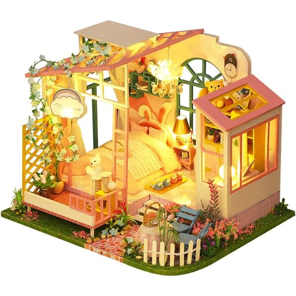 Kit fai da te per casa delle bambole in legno in miniatura, camera e decorazione con mobili e LED