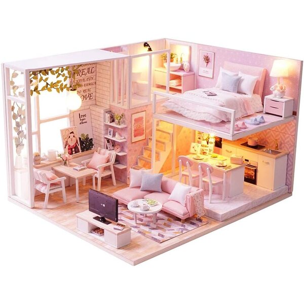Flever Casa delle Bambole Miniatura Diy Kit con Mansarda e Musica, 15,5x20,6x24,4cm