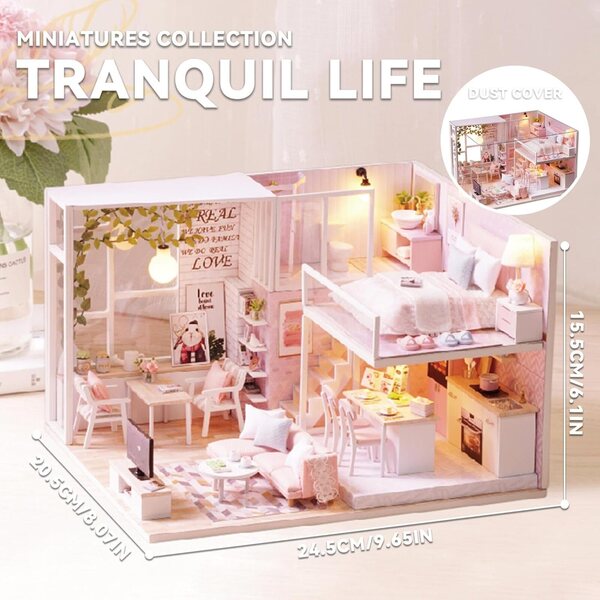 Flever Casa delle Bambole Miniatura Diy Kit con Mansarda e Musica, 15,5x20,6x24,4cm