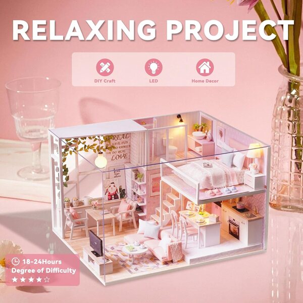 Flever Casa delle Bambole Miniatura Diy Kit con Mansarda e Musica, 15,5x20,6x24,4cm