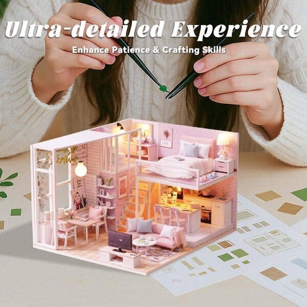 Flever Casa delle Bambole Miniatura Diy Kit con Mansarda e Musica, 15,5x20,6x24,4cm