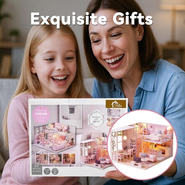 Flever Casa delle Bambole Miniatura Diy Kit con Mansarda e Musica, 15,5x20,6x24,4cm