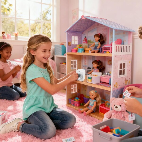 Puppenhaus mit Spielzeugwaschmaschine im Maßstab 1:12, aufklappbarer Tür und rotierender Trommel in Rosa