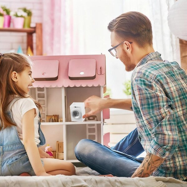 Puppenhaus mit Spielzeugwaschmaschine im Maßstab 1:12, aufklappbarer Tür und rotierender Trommel in Rosa