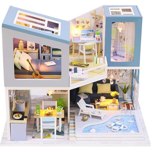 3D-Puppenhaus aus Holz mit LED, Möbeln und Schwimmbad – HEYANG DIY Kit
