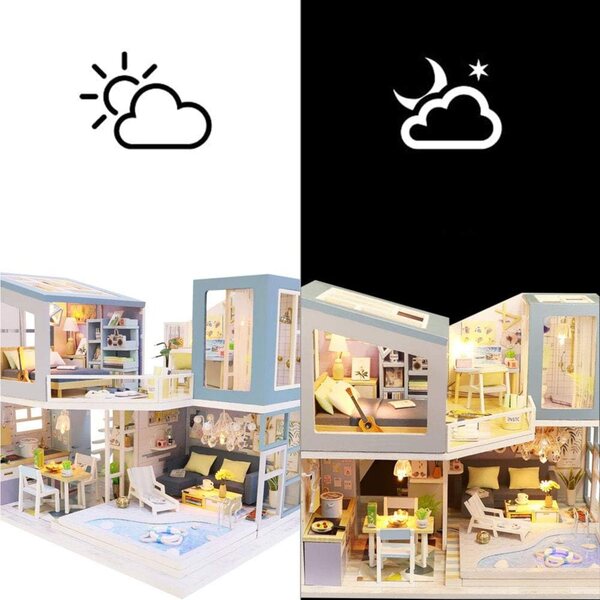 3D-Puppenhaus aus Holz mit LED, Möbeln und Schwimmbad – HEYANG DIY Kit