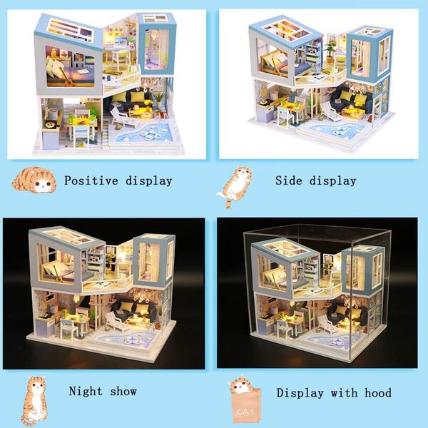 3D-Puppenhaus aus Holz mit LED, Möbeln und Schwimmbad – HEYANG DIY Kit