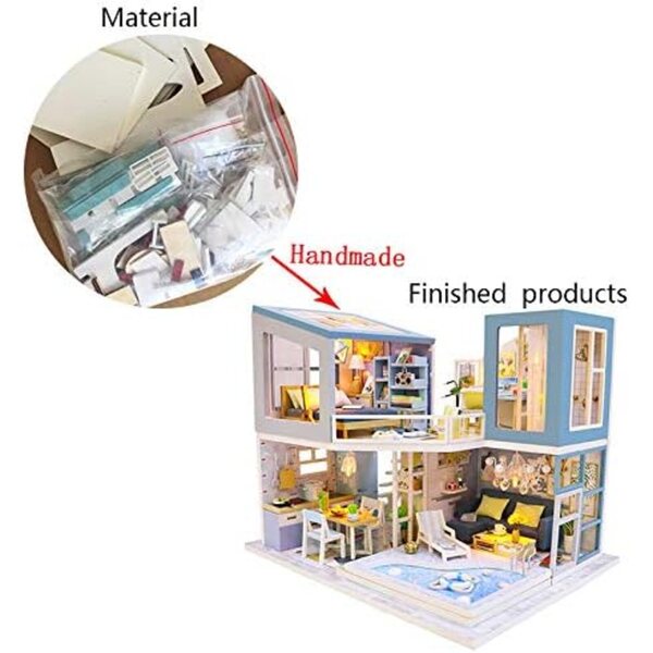 3D-Puppenhaus aus Holz mit LED, Möbeln und Schwimmbad – HEYANG DIY Kit