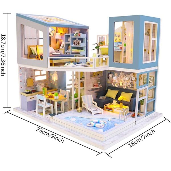 3D-Puppenhaus aus Holz mit LED, Möbeln und Schwimmbad – HEYANG DIY Kit