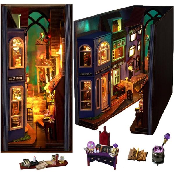 DIY-Kit 3D-Puppenhaus-Buchstütze aus Holz mit LED-Licht für Erwachsene und Kinder